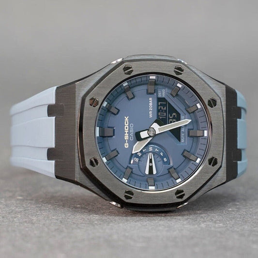 Casioak Mod Watch Black Case Gray Rubber Strap Blue Black Time Mark Blue Dial 44mm- Casioak Mod Casio G-Shock Royal Oak Custom Mens Luxury Watches Ga2100