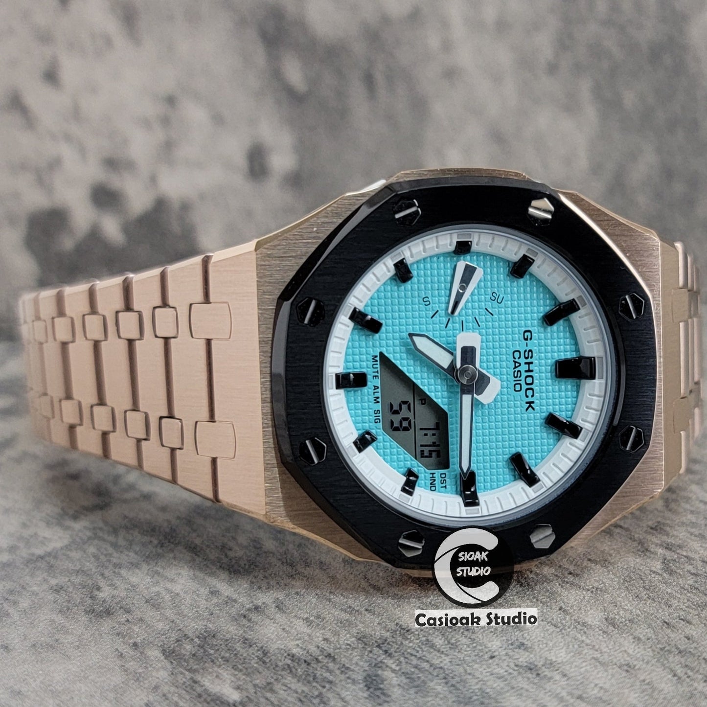 Casioak Mod Watch Black Rose Gold Case Metal Strap White Black Time Mark Tiff Blue Dial 42mm- Casioak Mod Casio G-Shock Royal Oak Custom Mens Luxury Watches Ga2100