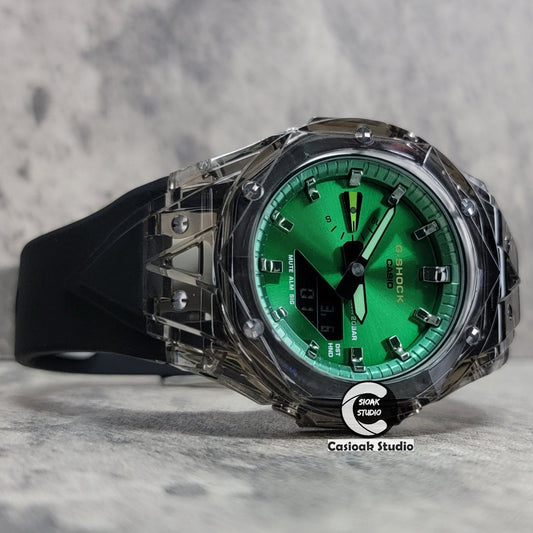 Casioak Mod Watch Black Transparent Case Black Strap Green Gunmetal Time Mark Green Dial 44mm- Casioak Mod Casio G-Shock Royal Oak Custom Mens Luxury Watches Ga2100
