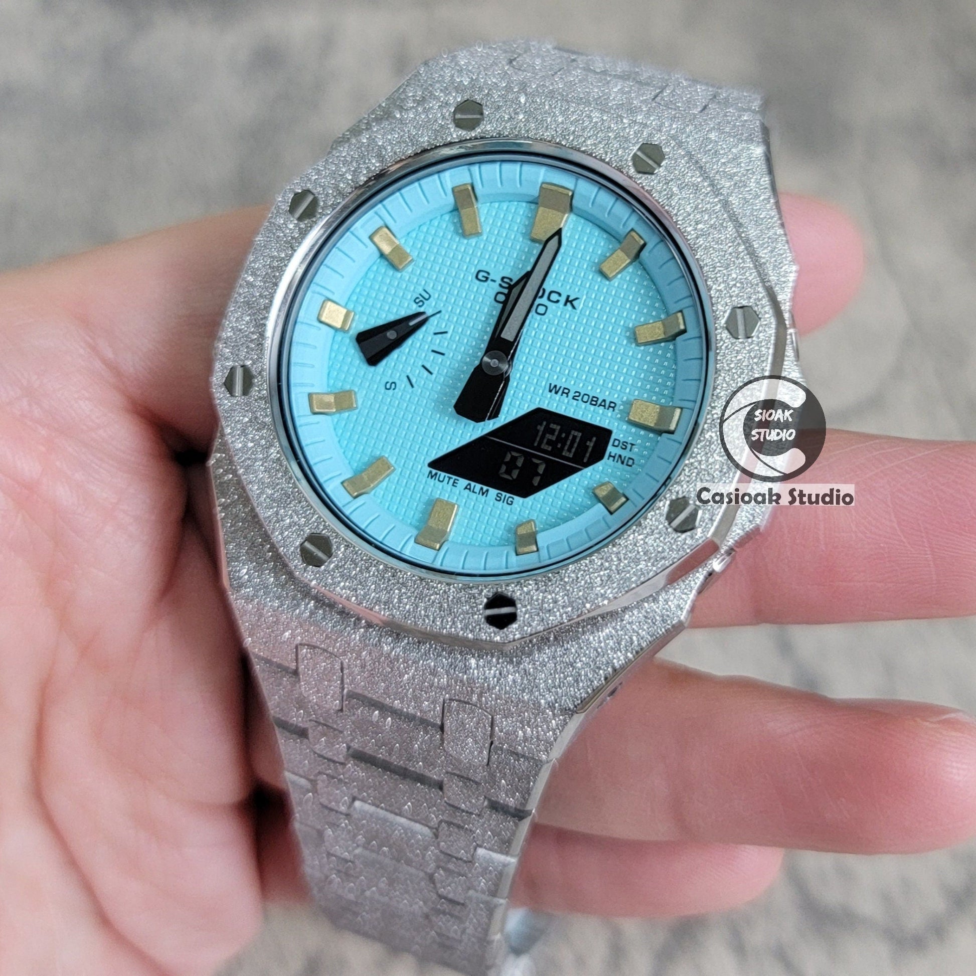 Casioak Mod Watch Frosted Silver Case Metal Strap Tiff Gold Time Mark Tiff Blue Dial 44mm- Casioak Mod Casio G-Shock Royal Oak Custom Mens Luxury Watches Ga2100