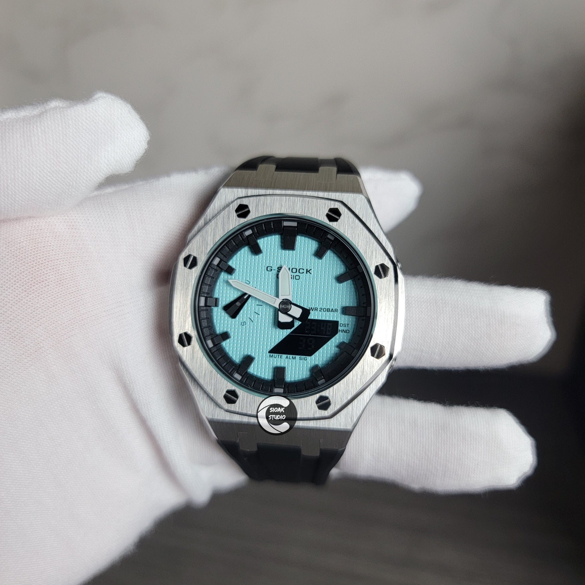 Casioak Mod Watch Silver Case Black Rubber Strap Black Time Mark Tiff Blue Dial 44mm- Casioak Mod Casio G-Shock Royal Oak Custom Mens Luxury Watches Ga2100