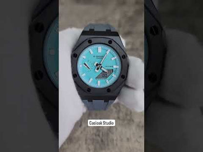 Casioak Mod Horloge Zwarte Kast Tiff Rubberen Band Blauw Wit Tijdmarkering Tiff Wijzerplaten 42mm