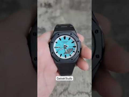 Casioak Mod Uhr, schwarzes Gehäuse, Metallarmband, weiße schwarze Zeitmarkierung, TIFF, blaue Zifferblätter, 42 mm