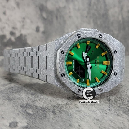 Casioak Mod Watch Frosted Silver Case Metal Strap Gold Time Mark Green Dials 44mm