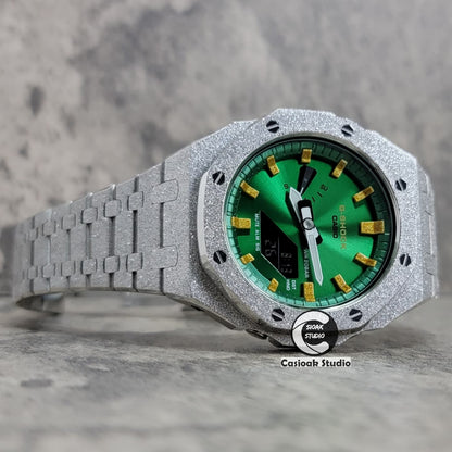 Casioak Mod Watch Frosted Silver Case Metal Strap Gold Time Mark Green Dials 44mm